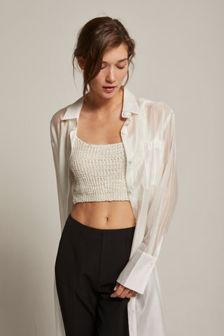 Tory Long Line Sheer Button Up Top