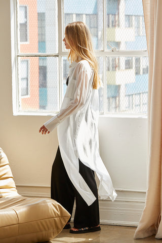 Tory Long Line Sheer Button Up Top