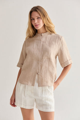 Joyce Mandarin Collar Button Up Linen Top