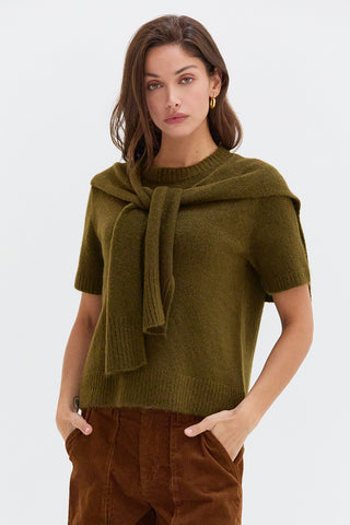 Remi Short Sleeve Faux Scarf Overlay Sweater Top