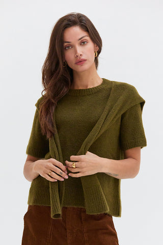 Remi Short Sleeve Faux Scarf Overlay Sweater Top