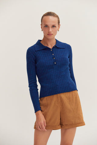 Chels Long Sleeve Polo Ribbed Knit Sweater Top