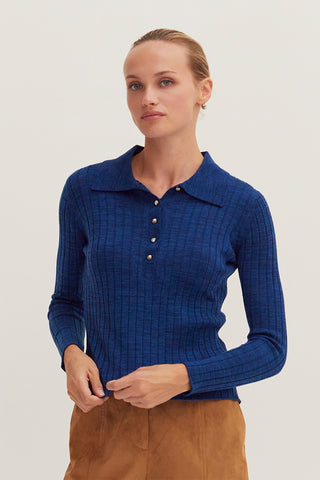 Chels Long Sleeve Polo Ribbed Knit Sweater Top