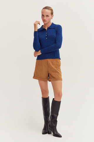 Chels Long Sleeve Polo Ribbed Knit Sweater Top