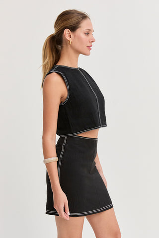 Bonez Contrast Stitch Linen Mini Skirt