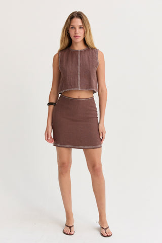 Bonez Contrast Stitch Linen Mini Skirt
