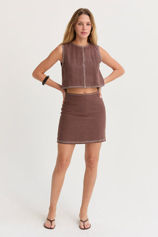 Bonez Contrast Stitch Linen Mini Skirt