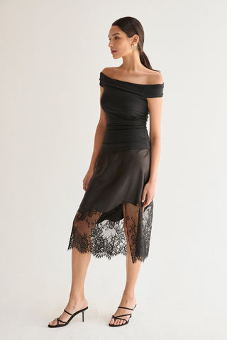 Ivy Lace Hem Satin Midi Skirt