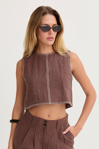 Kiara Contrast Stitch Linen Crop Top