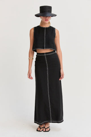 Kiara Contrast Stitch Linen Crop Top