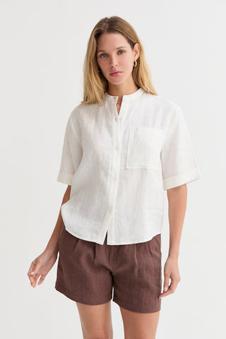 Joyce Mandarin Collar Button Up Linen Top