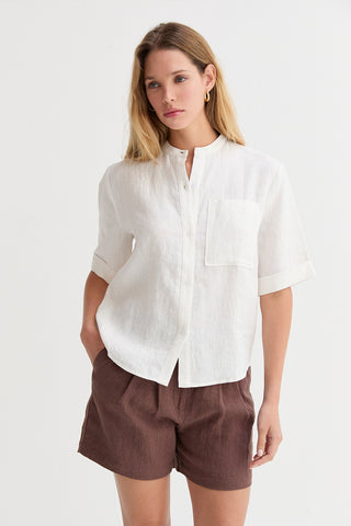 Joyce Mandarin Collar Button Up Linen Top