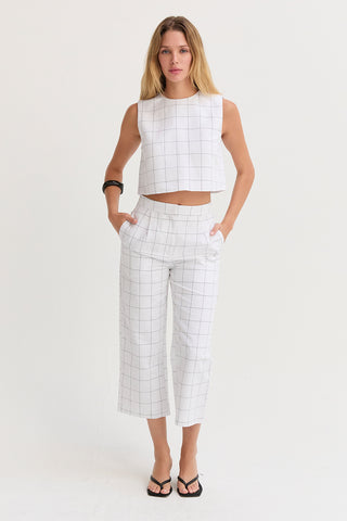 Tiana Windowpane Semi Cropped Linen Top