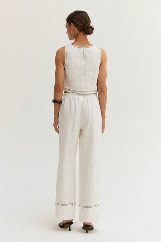 Devin Contrast Stitch Cropped Top & Pants Linen Two Piece Set