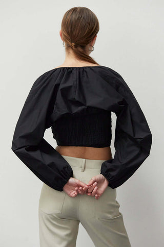model wearing a black bolero sleeve top