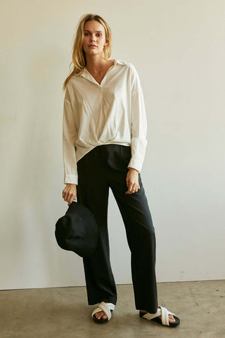 model wearing women’s tencel pants in black