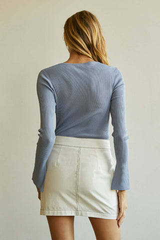 model wearing a contrast stitch denim mini skirt