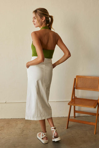model wearing a cotton cargo pencil skirt