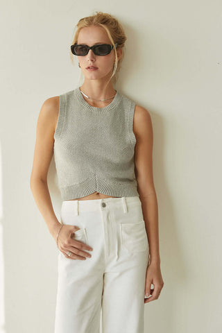 model wearing a grey cotton sweater tank