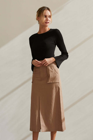 model wearing a khaki cotton pencil skirt