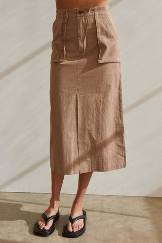model wearing a khaki drawstring cotton skirt