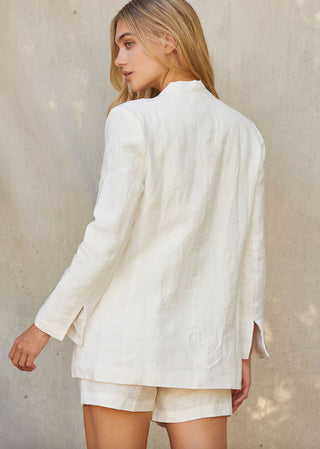 model wearing a linen blazer