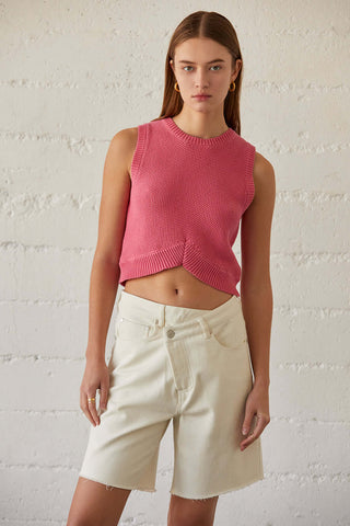 model wearing a pink cotton sweater tank
