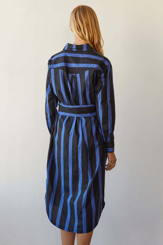 model wearing a striped button-up shirt dress