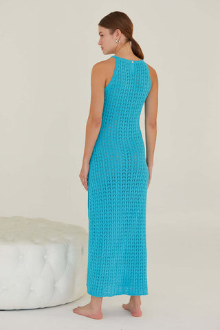 model wearing a teal knit pointelle maxi dress