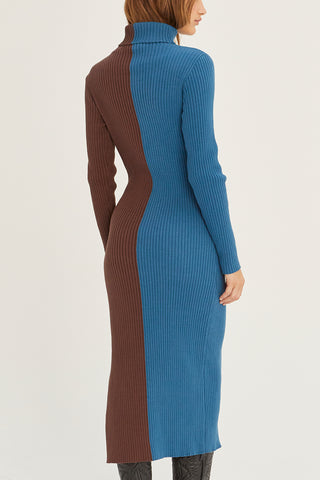 A model wearing a blue/brown color block turtle neck midi sweater dress.