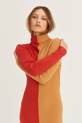 A model wearing a brick/tan color block turtle neck midi sweater dress.