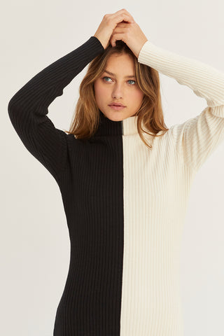 A model wearing a black/cream color block turtle neck midi sweater dress.