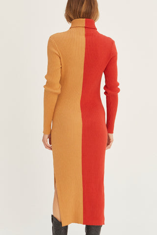 A model wearing a brick/tan color block turtle neck midi sweater dress.