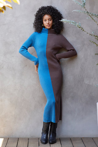 A model wearing a blue/brown color block turtle neck midi sweater dress.