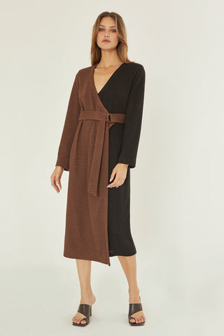 A model wearing a brown/black color-block knit dress.