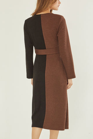A model wearing a brown/black color-block knit dress.