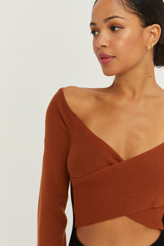 A model wearing a cognac/black color block knit midi dress.