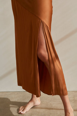 A model wearing a brown stain maxi dress.