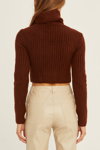 A model wearing a chocolate criss-cross crop turtle neck sweater.