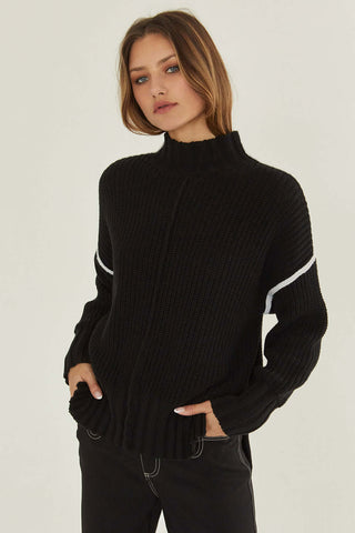 model wearing a black and white mock neck sweater