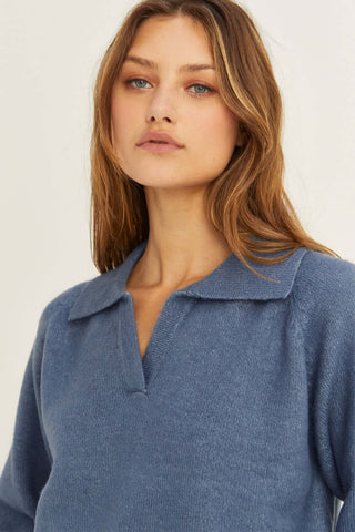 model wearing a blue soft-brushed sweater
