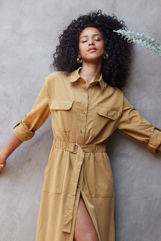 model wearing brown midi utility dress