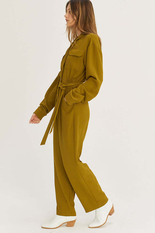 model wearing a chic olive jumpsuit