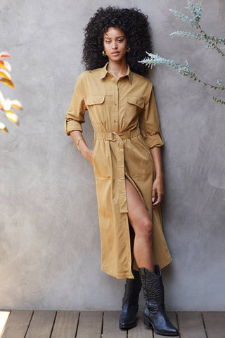 model wearing collared tencel midi dress