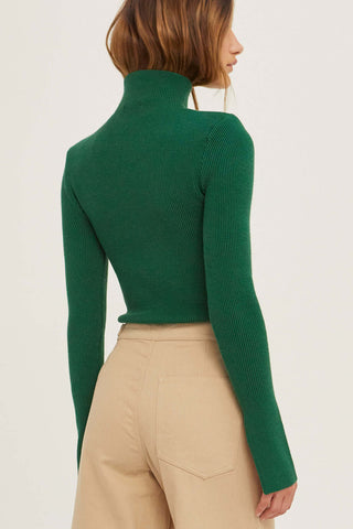 model wearing a forest green knit sweater