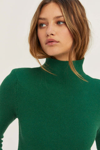 model wearing a green turtleneck sweater