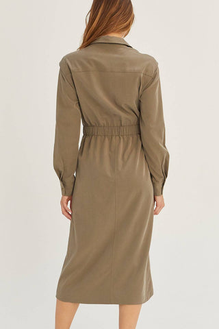model wearing midi dress with elastic waist