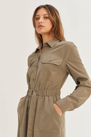 model wearing midi dress with pockets