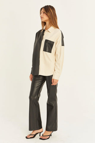 model wearing a vegan leather mixed media button-up