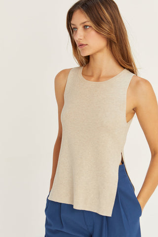 model in beige knit sweater tank